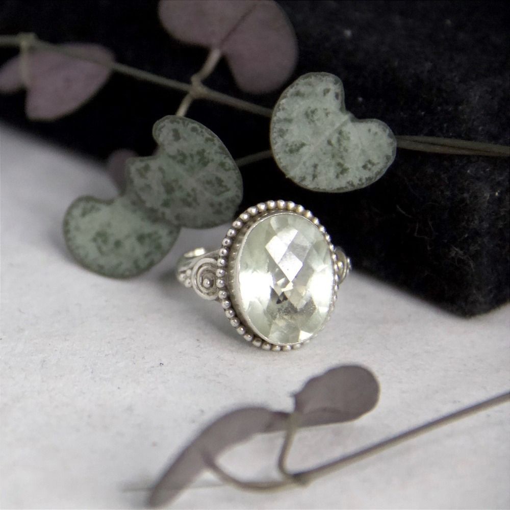 Sterling Silver 925 Oval Green Amethyst Prasiolite Boho Scroll Ring Size 9